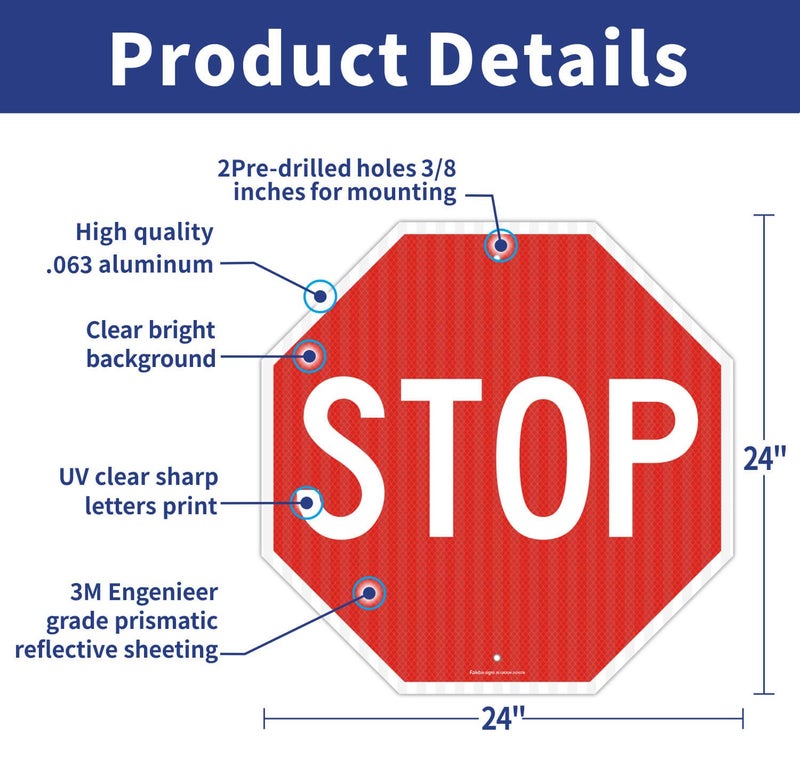 Faittoo Stop Signs, (2 Pack) 24 x 24 Inches Octagon Engineer Grade Reflective Sheeting Street Slow Warning Signs, Rust Free Aluminum, UV Protected and Waterproof, Weather Resistant, Durable Ink - Image 2
